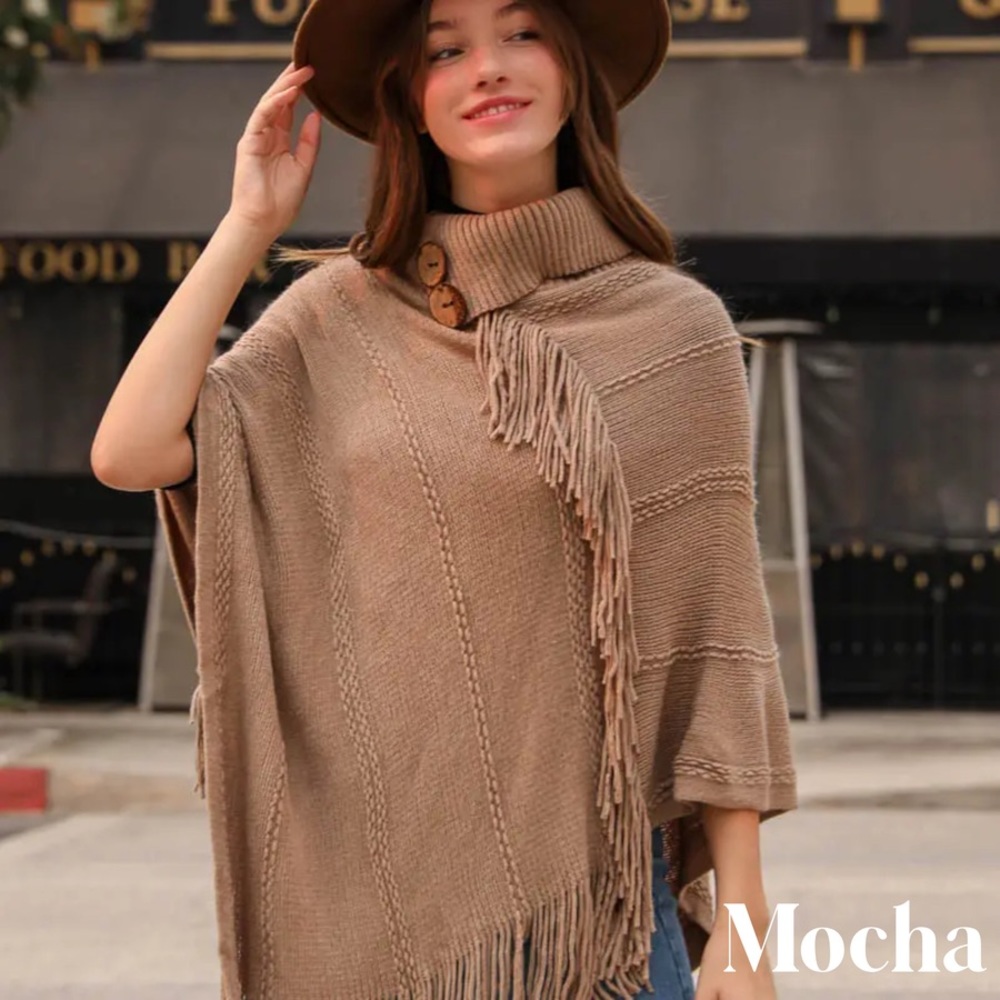 Mocha color button detail on the neck poncho